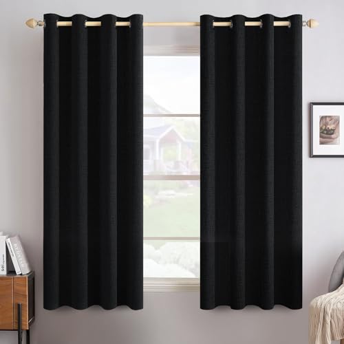 Image of MIULEE Linen Texture Curtains for Bedroom Solid 100% Blackout Thermal Insulated Halloween Black Curtains Grommet Room Darkening Drapes for Living Room 52x45 Inch (2 Panels)