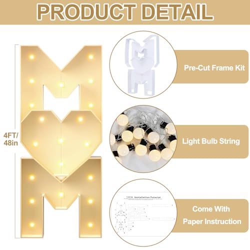 Image of Mother's Day Decorations LED Letter Lights, 4 Feet Tall 'MOM' Marquee Letters Lights Large Heart Sign for Mother's Day Wall Deor Birthday Party Decorations Supplies, White