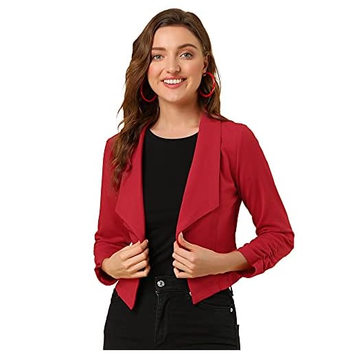 Allegra K Women's Notched Lapel Ruched Sleeve Jackets Business Cropped Blazer Medium Red