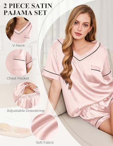 Image of Silk Pajamas for Women Short Sleeve Satin 2 Piece Pj Set Soft V Neck Sleepwear Loungewear, S-XXL