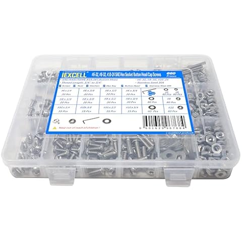 iexcell 660 Pcs #6-32UNC #8-32UNC #10-24UNC Stainless Steel 304 Hex Socket Button Head Cap Screws Bolts Nuts Washers Assortment Kit Cover