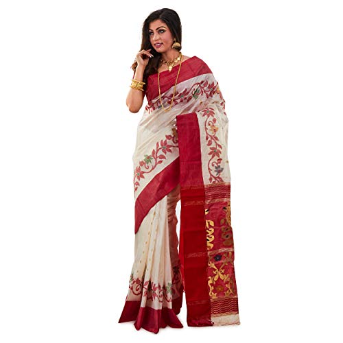 SareesofBengal Tussar Silk Sarees For Women Kosa Silk Tussar Jamdani Saree Traditional Bengali Saree Handloom Tussar Jamdani Saree Indian Ethnic Wedding Gift Saree Red And White Bengali Saree