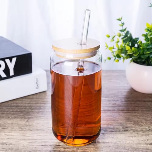 Image of ANKUL Water Soda Drinking Glass Sipper Tumbler Cup for Tea and Coffee Can Mug with Wooden Lid and Straw Set of 2-510ml for Fruit Juice Milk Glass Sipper Tumbler Cup (Round Mug Wooden Lid, 2)