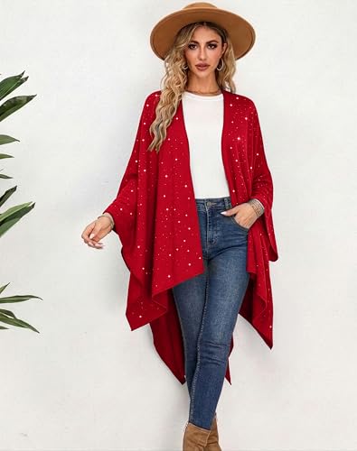 Image of Womens Rhinestones Open Front Poncho Shawl Wrap Cape Ruana Travel Blanket Cardigan