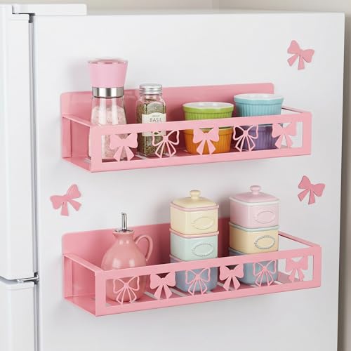 Beeveer 2 Pcs Magnetic Spice Rack for Refrigerator, Pink Bow