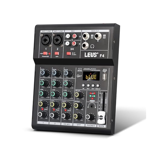 Mesa de Mezclas, Interfaz de consola de mezclas F4 con Bluetooth, USB, grabación en PC, alimentación fantasma de 48 V, efecto de repetición de retardo, mezclador de sonido for DJ de 4 canales(Silver)