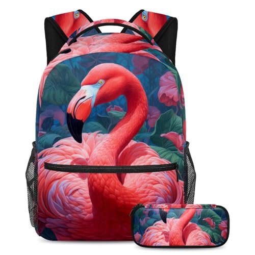 Sac à dos polyvalent 2 pièces à motif flamant rose esthétique pour la rentrée scolaire en taille L