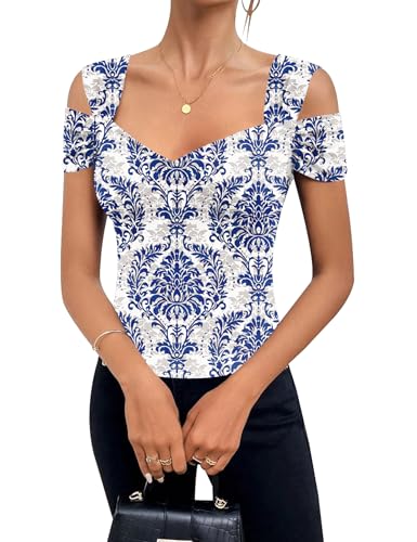 Blingfit Blouses for Women Sexy Cold Shoulder Shirts Ruffle Sleeve Tops Slim fit Tops Tshirts Shirts v Neck Blouses for Women BWPF M