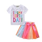 Kidsa 1-7T Baby Little Girls Short Sleeve T-shirt + Colorful Rainbow Skirts Birthday Gift Outfits Set,White-short Sleeve,130 / 6-7T