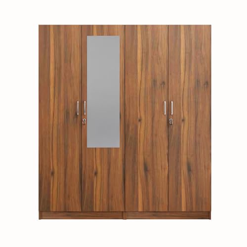 Image of VIKI Wardrobe | Wooden Almirah for 4 Door Fully Shelves Mirror Wardrobe (Brussel Walnut - 40D x 160W x 180.8H) | 1 Year Warranty | Free Assembly