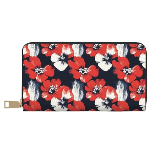 Leather Thin Slim Wallets for Women Men - Fashion Red Flower Art Print Card Wallet Holder with Zipper
