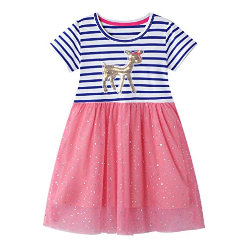 FILOWA Kleid Mädchen Kinder Kleider Pferd Pailletten Blau Streifen Tüll Baumwolle Kurzarm Mädchenkleid Prinzesin Sommerkleid Rosa Rot 4-5 Jahre,5T Cover