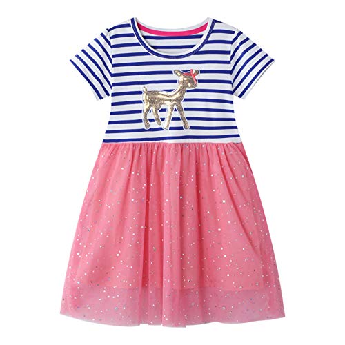 FILOWA Vestidos para Niña Caballo Lentejuelas Rayas Azul Rojo Tul Algodón Verano Manga Corta Baratos Casual Animal Estampados Princesa Modernos Vestido 5-6 años, 6T