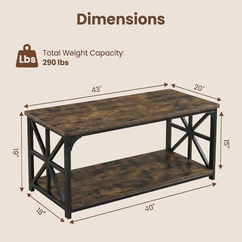 Image of GOFLAME 2-Tier Rectangular Coffee Table, Modern Center Table with Wooden Top, Metal Frame, X Shaped Side Pattern, Display Accent Tea Tables, Living Room Tables for Apartment (Rustic Brown & Black)