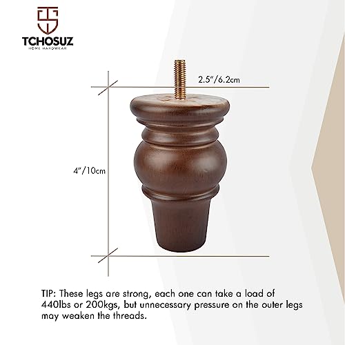 TCHOSUZ 4 Inch Wooden Furniture Legs (10cm) Set of 4 Solid Hardwood Replacement Feet for Sofa Couch, Chair, Ottoman, Dresser - Image 3