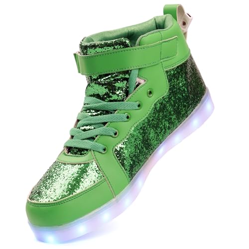 Glitter Led Light Up Shoes High Top Sneakers for Flashing Dancing Halloween Christmas Party with USB Charging Green 39