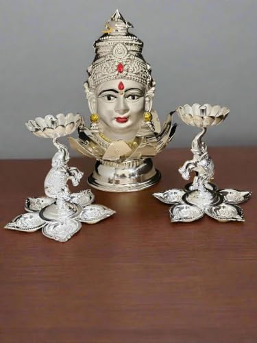 German Silver Lakshmi face/mukut, 2 Elephant Diya, 1 Lotus Stand for Housewarming/Pooja Set/Diwali