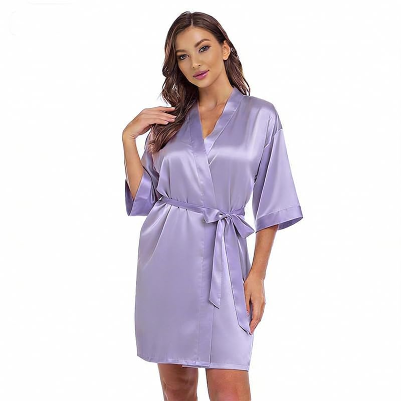 Image of Women's Bride Bridesmaid Robes Short Satin One Size Silver Rhinestones Wedding Party Getting Ready Sleepwear