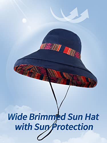 Image of HH HOFNEN Women Sun Hats Wide Brim Summer Beach Hat Chin Strap UV Protection Bucket Hat for Travel