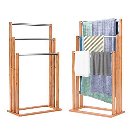 LIFEZEAL Porte-Serviettes Debout en Bambou avec 3 Barres, 84 x 46 x 24 cm, Support de Serviette sur Pied à 3 Bras en Acier Inoxydable pour Salle de Bain, Naturel