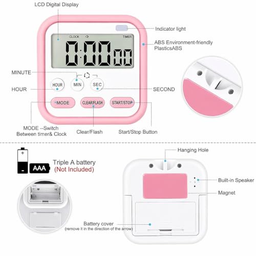 Image of Stopwatch Timer for Study, Kitchen Timer Large LCD Display, 24hr Digital Screen, Magnetic Back, Foldable Stand, Loud Alarm, Hanging Hole, Stopwatch Countdown, Flashing Light, Timer for Sports