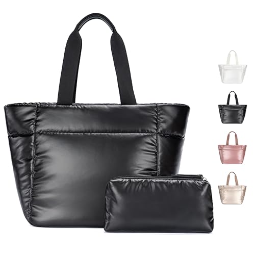 Tote Bag for Women,Lightweight Puffer Work Tote with Zipper,Quilted Shoulder Handbag for Travel Work Gym
