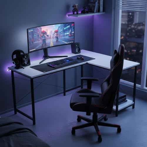 Image of RIZIK STORE L-Shaped Computer Desk | 50-Inch Corner Gaming & Study Table with Engineered Wood Top, Metal Frame & CPU Shelf | Writing Workstation for Bedroom, Office & Small Rooms (White-1)