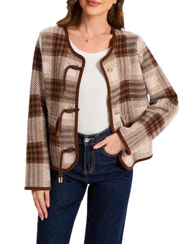 HOULENGS Women's Vintage Button Down Cardigan Sweater Plaid Print Long Sleeve Knit Coat with Pockets 2025 Fall Fashion2