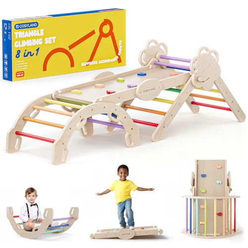 COSYLAND Klettergerüst Indoor L – Großes Kletterdreieck Set mit Kletterbogen & Rutsche – 8-in-1 Massivholz-Spielplatz für Kinder ab 18 Monaten – Regenbogenfarben