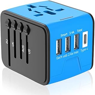 APzek Universal Travel Adapter, International Power Adapter with 3USB + 1Type C Ports, European Adapter Worldwide AC Outlet Plugs Travel Charger for Europe UK US AU Asia 200+ Countries, Blue