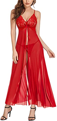 Image of BROIDEN Women's Net Lace Long Babydoll Lingerie for Honeymoon Nightwear