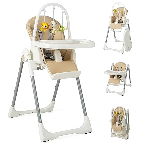 Image of HONEY JOY Baby High Chair, Foldable Highchair for Babies Toddlers, Toy Rack, Adjustable Heights & Footrests, 4 Reclining Backrest, Removable Double Tray, Built-in Rear Wheels with Locks (Beige)