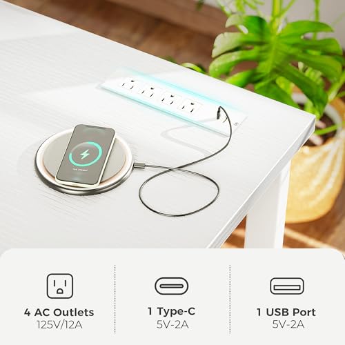 Image of Huuger 55 x 24 inch Desk with Power Outlets & USB-C, Deeper & Thicker Desktop, Robust Metal Tubes, Computer Desk, Heavy Duty Office Desk, Work Gaming Desk for Home Office, White