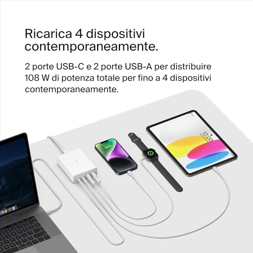 4-Port GaN Ladegerät 108W Power Delivery, 2x USB-C, 2x USB-A, weiß - Hub USB - Immagine 4