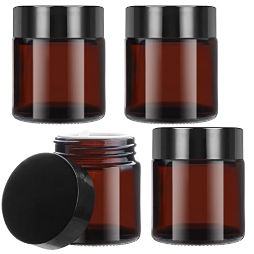 4 Pack 120ml/4oz Amber Glass Cream Jar Refillable Cosmetic Storage Bottle Large Sample Container Pot with Inner Liners&Black Lids for Make Up Scrub Salve Lotion Face Cream Mask