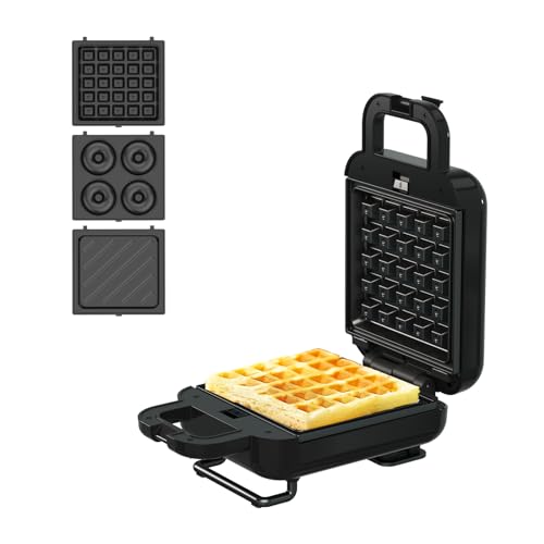 LIVEN - Mini Waffle Maker with 3 Shapes Removable Plates (Electric, Non-Stick), Small Chaffles Iron, Breakfast Machine for Belgian, Fried Donut, Hash Browns, Kids/Individual/Home (Black)
