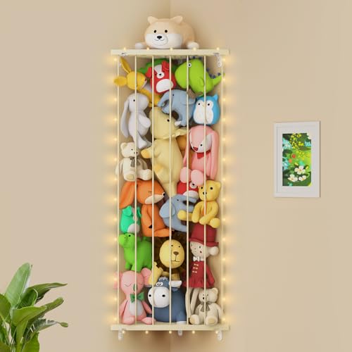 Stuffed Animal Storage Toy Organizer: Corner Stuff Animals Holder for Wall with LED Light - Kids Plush Toys Storage with Adjustable Length for Nursery Playroom Bedroom Kids Room(Beige)