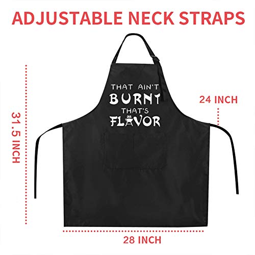 Rosoz Funny BBQ Black Chef Aprons for Men, That Ain't Burnt That's Flavor, Adjustable Kitchen Cooking Aprons with Pocket Waterproof Oil Proof Valentine's Day/Birthday