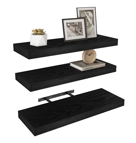 Vervida® 3 Pack Black Floating Shelves,24" W x 7.9" D x 1.5" H, Holds Up to 37 Lbs, Ideal for Living Room, Bedroom, Bathroom, Kitchen, Office, Storage, Display, with Invisible Brackets Wall Shelves