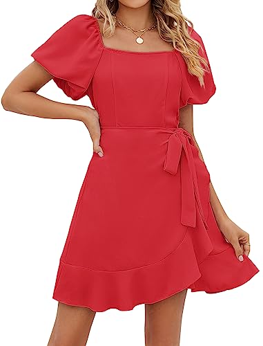Image of Sampeel Womens Summer Dresses Square Neck Puff Sleeve Tie Waist Short Dress