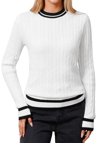 YUNDAI Womens Jumpers Casual Long Sleeve Crewneck Lightweight Cable Knit Contrast Color Sweater Ladies T-Shirts Tops for Women Spring Fall, 2X-Large White