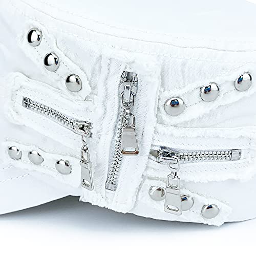 Rayna Fashion Men Women Soft Washed Cotton Adjustable Flat Top Military Army Hat Cadet Cap Zip Studs Embroidery Patch White #TOP5