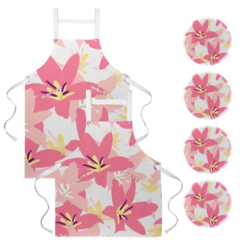 Lot de 2 tabliers de cuisine marguerite rose fleurie avec broches taille unique