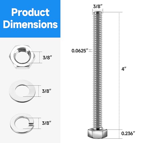 Image of (6 Sets) 3 /8 Bolt, 3 /8-16 x 4 Hex Head Screws, Assorted Screws Nuts and Bolts with Flat & Lock Washers, Stainless Steel 3 /8 Bolts and Nuts Set, Fully Threaded by Marysino