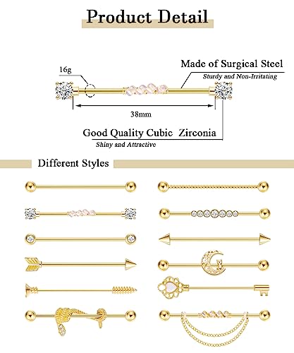 12Pcs 14G Stainless Steel Industrial Barbell Earrings for Women Men Cartilage Helix Piercing Jewelry Industrial Piercing Bar 38MM3