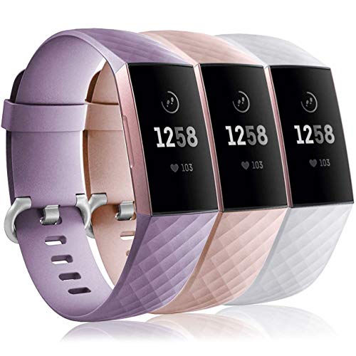 Wepro Waterproof Bands Compatible with Fitbit Charge 4 / Charge 3 / Charge 3 SE for Women Men, 3-Pack Replacement Wristbands for Fitbit Charge 3 / Charge 4, Small, Lavender, Pink Sand, White