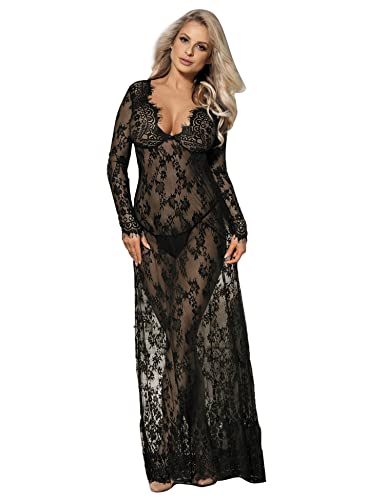 comeondear Damen Kleider Sexy Spitze Lang Langarm V-Ausschnitt Negligee Transparent Schwangerschafts Umstandskleid Reizwäsche Dessous mit...