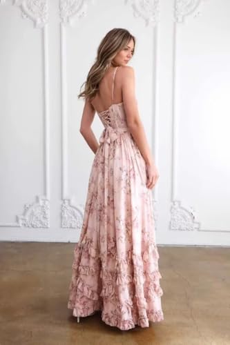 Tiered Floral Bridesmaid Dresses for Women Spaghetti Straps V-Neck Chiffon Ruffle Formal Evening Gowns with Slit2