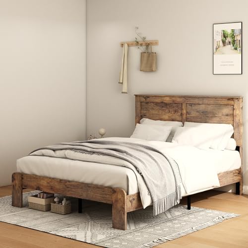 Image of Bellemave Rustic Vintage Full Size Bed Frame with Headboard,Wooden Platform Bed Frame Full Size with Wood Slats,Easy Assembly,Dark Brown