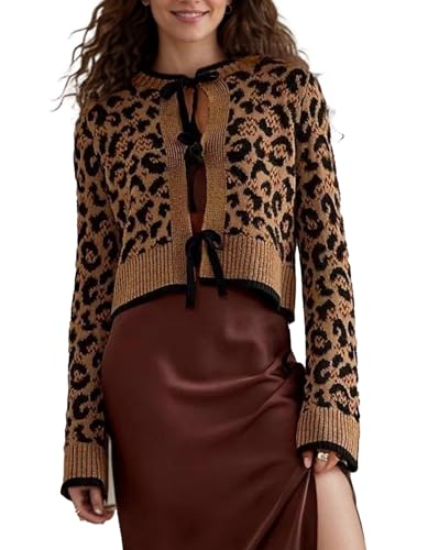 Image of Kedera Women Leopard Cardigan Open Front Tie Up Sweaters Long Sleeve Cheetah Print Top Cropped Cardigan Jackets